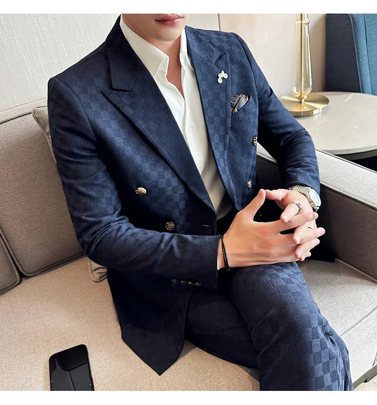 (Jacket+Pants)Luxury Checkered Double Breasted Suit  2 Pieces Fashion Business Slim Fit Social   Formal Suit Evening Dress 5XL-M