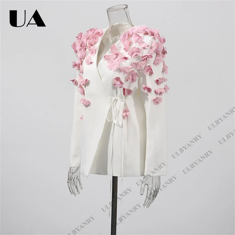 White Wrap Blazer with 3D Pink Floral Appliqué and Tie Waist for Wedding Garden Party Ethereal Romantic Outfit