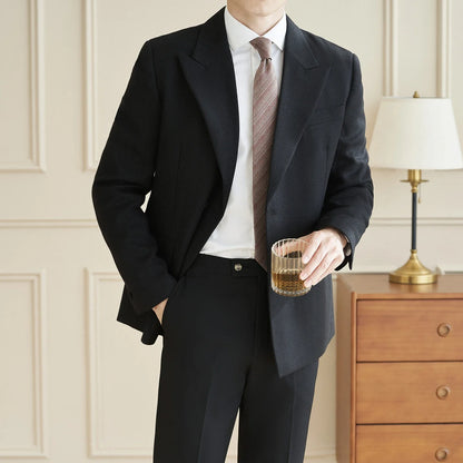 Herringbone Pattern Fabric Suit Jacket Men Autumn Winter Casual Business Dress Coat Wedding Groom Banquet Party Blazer Masculino