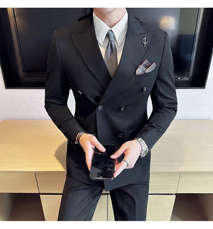(Jackets +Pants ) Men's Suits 2 Piece High-Quality Double Breasted Lapel Solid Business Groom Wedding Tuxedo Banquet Clothing