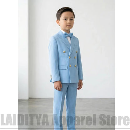 Boys Pinstripe Double Breasted Suit Chic Peak Lapel Outfit Blazer Pants Kids Wedding Pageboy Daily Formal Costume 2 Piece