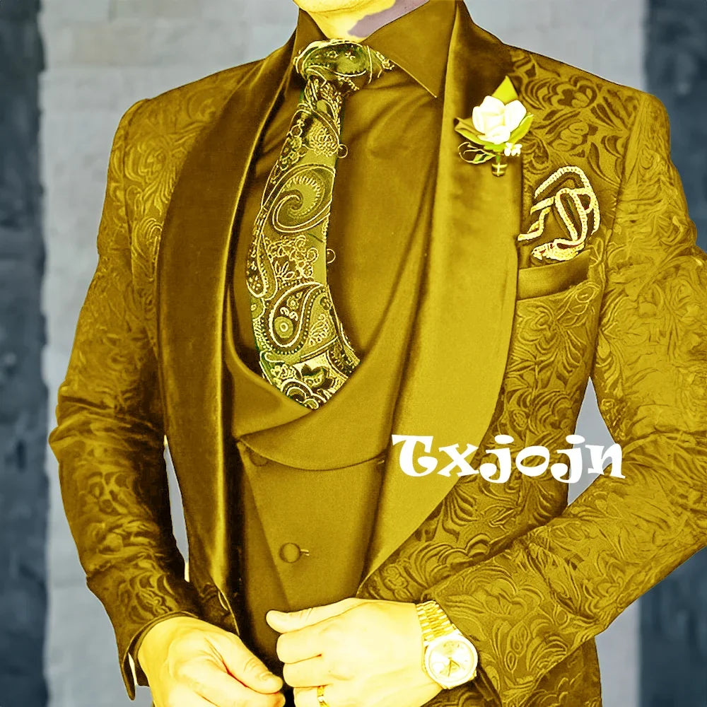 Exquisite jacquard Men's 3-piece Suits Wedding Groom Sets Handsome Shawl Lapel Suit Set Dancing Wear Formal Tuxedo For Business