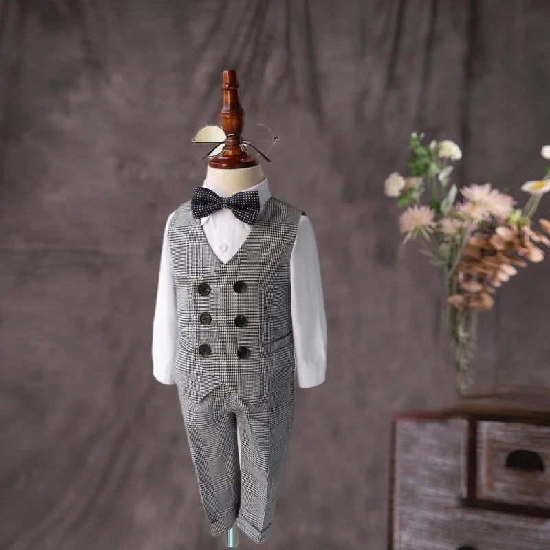 Flower Boys Gray Wedding Suit Set Kids Formal Birthday Photography Outfit Children's Piano Host Performance Costume