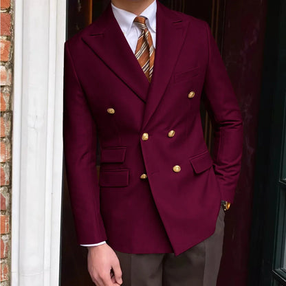 Men's Brown Serge Blazer Double Breasted Peak Lapel Gold Button Slim Fit British Style Fashion Suit Jacket Formal Business Casua