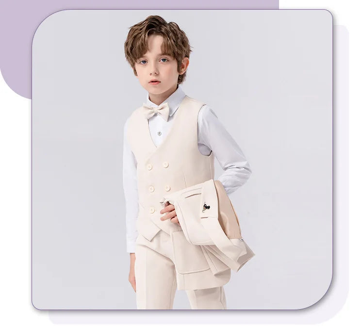 Children Formal Beige Piano Party Dress Kids Graduation Ceremony Photograph Suit Flower Boys Host Performance Dance Show Costume
