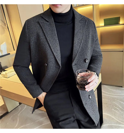 British Style Winter Double Breasted Woolen Suit Jackets Men Thick Warm Wedding Business Blazers Solid Color Casual Dress Coat