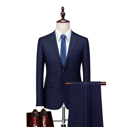 Men's Slim Fit Suit Blazer and Trousers Set for Wedding and Business – Solid Color
