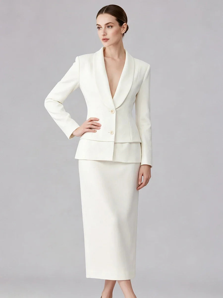 Women  Lapel Blazer Midi Skirt Single Breasted Slim Waist Long Sleeve Formal Office Business Outfit Set
