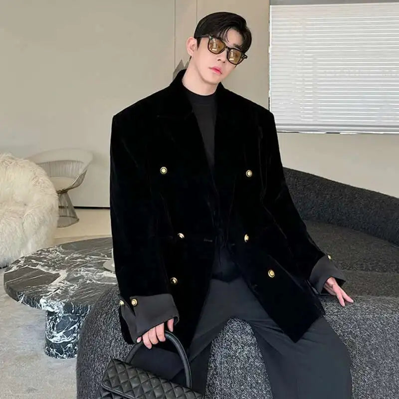 Double Breasted Korean High Quality Blazer Original Elegant Temperament Casual Male Suit Jackets Velvet New Coats LZ7346
