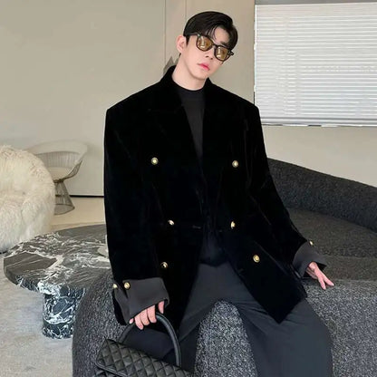 Double Breasted Korean High Quality Blazer Original Elegant Temperament Casual Male Suit Jackets Velvet New Coats LZ7346