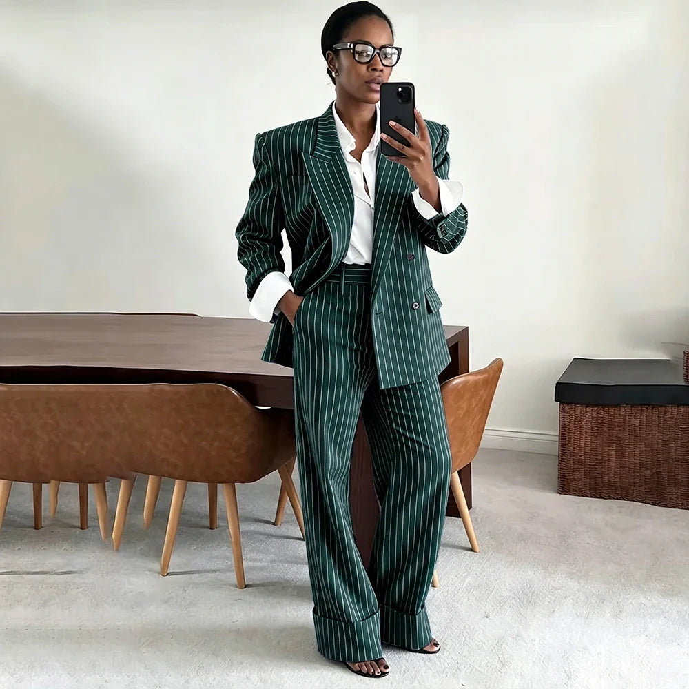Neutral Gray Pinstripe Oversized Matching Sets Double Breasted Women's Suit Casual Formal 2-Piece(Jacket+Pants) Office Set