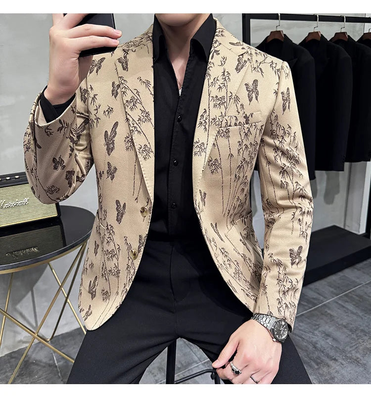High-end Luxury Printed Slim Fit Suit Jacket For Men 2024 Autumn New Fashion Social Party Casual Suit Coat Swallowtail 4XL-M
