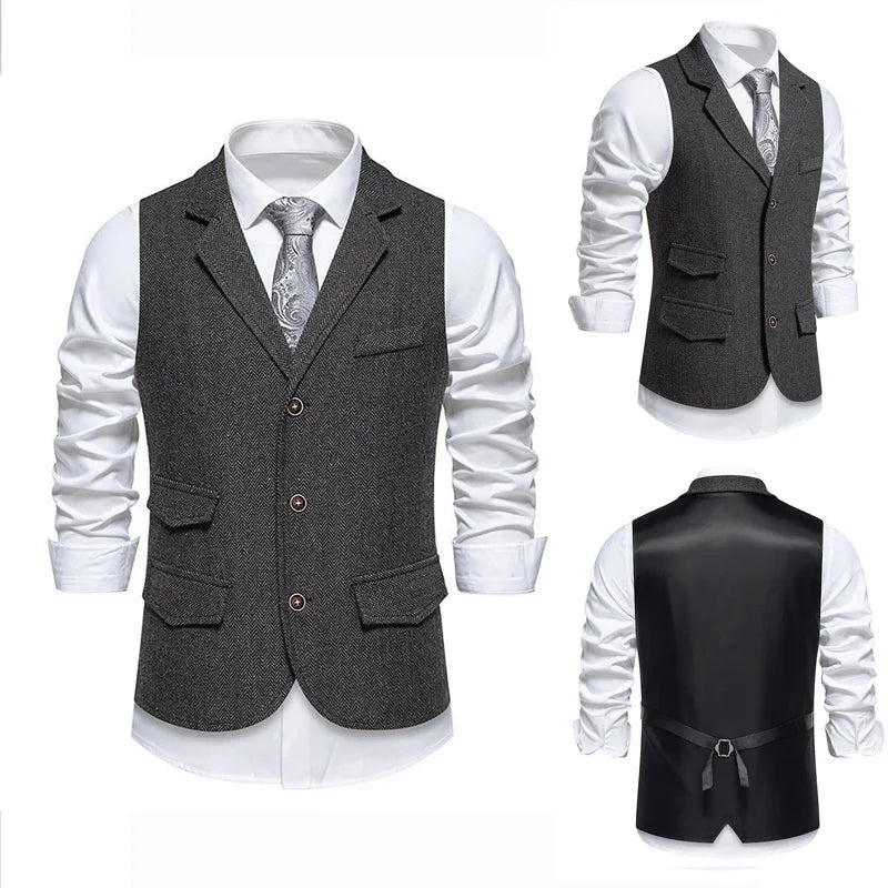 Men's Waistcoat Herringbone Tweed Slim Fit Wool Blend Formal Vest for Wedding