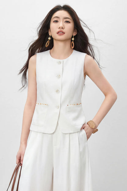 Women's White Vest Blazer 2026 Summer Round Neck Slim Thin Simple Versatile Top Ladies Commute Outfit Q62JA7390