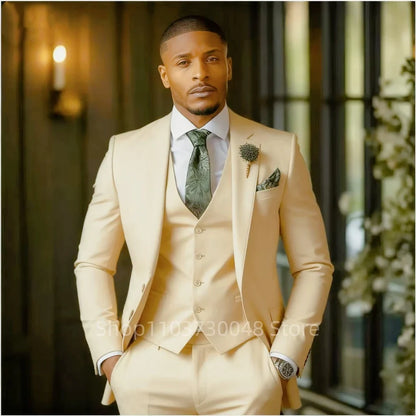 Luxury Solid 3-Piece Men's Tuxedo Suits Slim Fit Single Breasted Blazer Vest And Pants Set for Prom Wedding Business Men Clothes