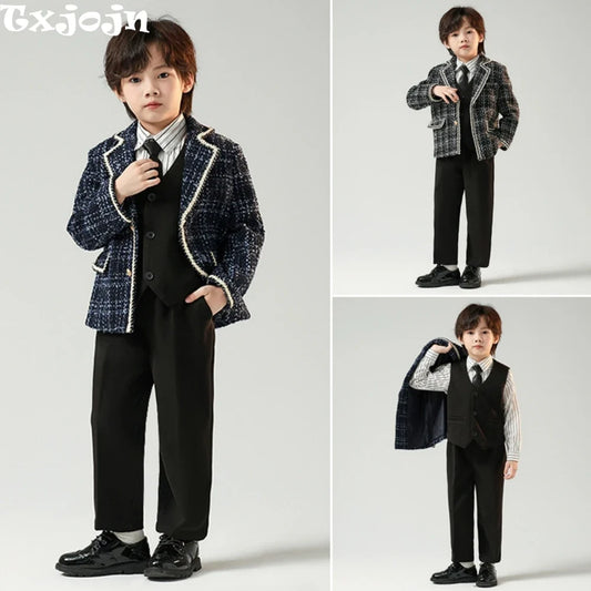 Exquisite Boys Plaid Suits For Catwalk Show Host Costumes,Children's Notched Lapel Winter Warm Suit Set,New Kids Party Tuxedo