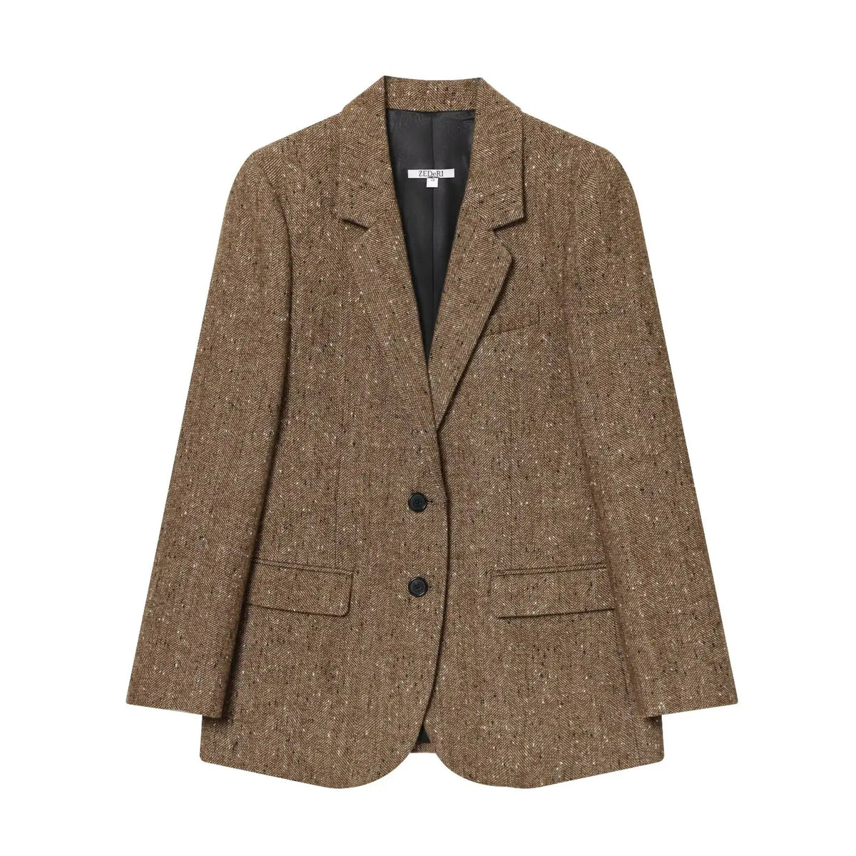Woman Winter Lapel Pocket Decoration Single Breasted Long Sleeves Herringbone Twill Blazer Female Leisure Street Style Coat