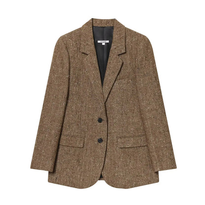 Woman Winter Lapel Pocket Decoration Single Breasted Long Sleeves Herringbone Twill Blazer Female Leisure Street Style Coat