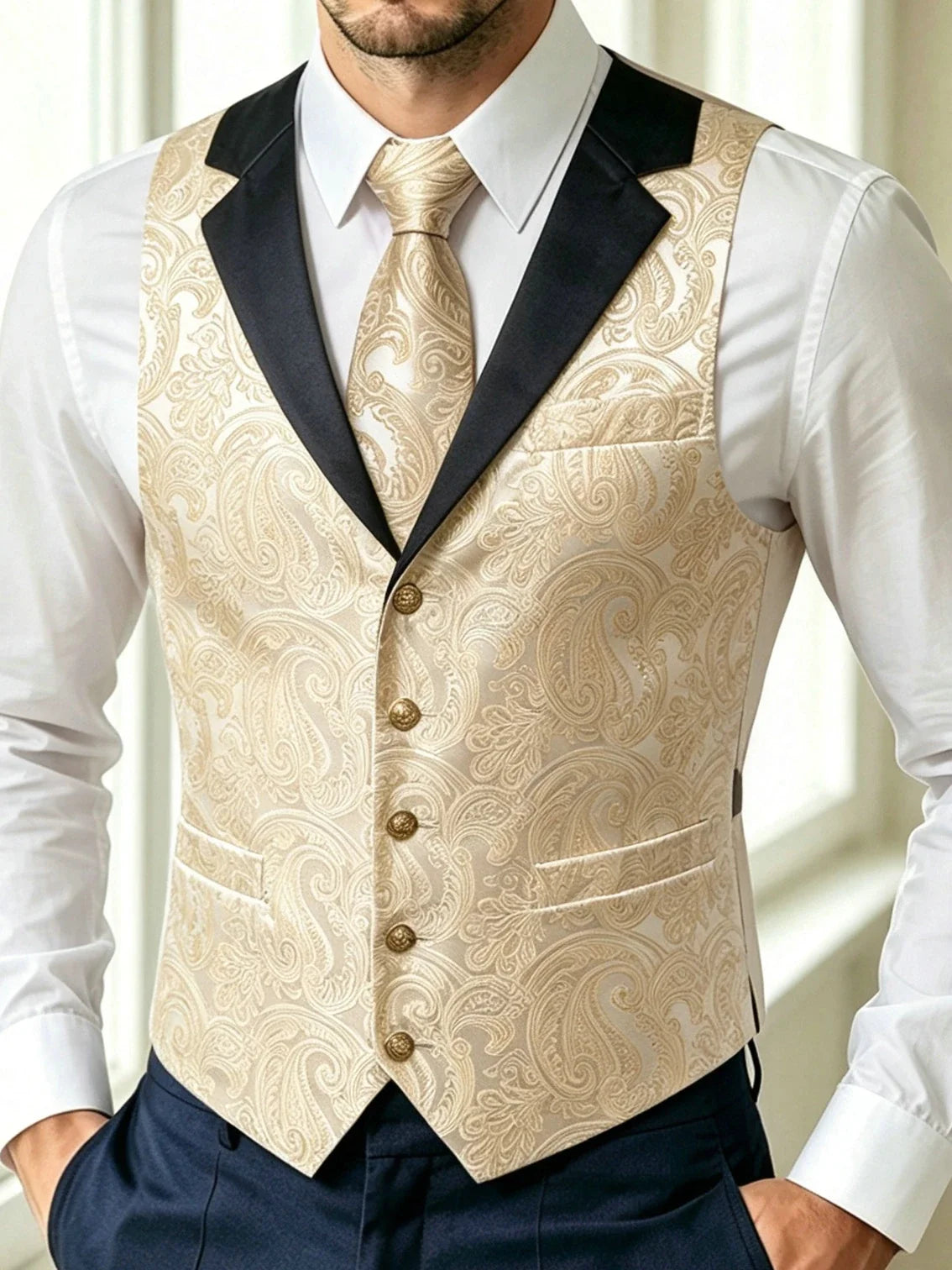 Men's Jacquard Paisley Vest Single Breasted Waistcoat with Bowtie — Formal Wedding & Party Suit Vest