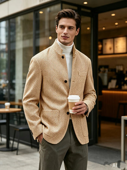 Men's Herringbone Tweed Stand Collar Blazer  Notch Lapel Slim Fit Wool Blend Sport Coat Business Casual Wedding Prom Man Jackets