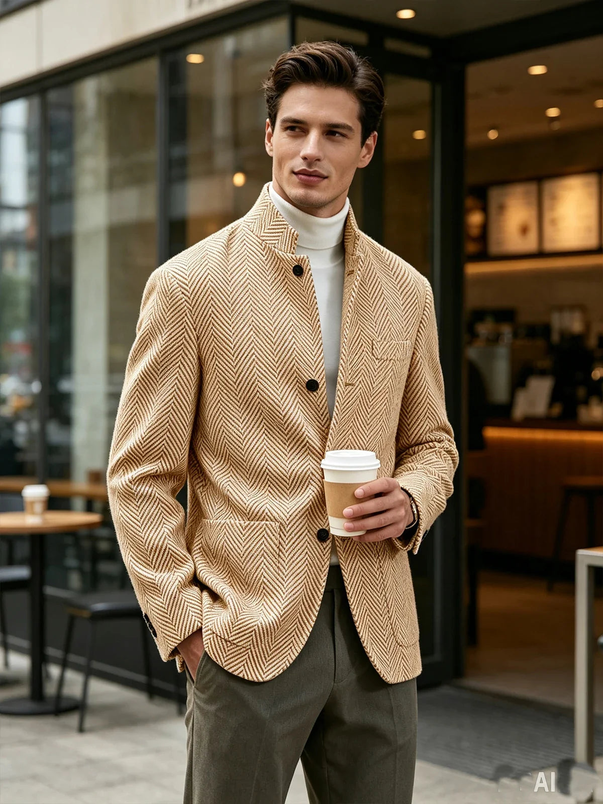 Men's Herringbone Tweed Stand Collar Blazer  Notch Lapel Slim Fit Wool Blend Sport Coat Business Casual Wedding Prom Man Jackets