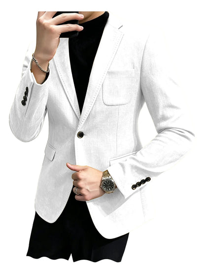 Mens Blazer Linen Blend Notched Lapel 1 Button Slim Fit Stitched Edge Patch Pockets Business Casual Daily Soft Breathable Jacket