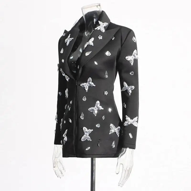 Sexy Socialite Style Blazer Dress 2025 Spring Autumn New Women's Turn-Down Collar Long Sleeve Sequin Diamond Jacket  HK8313