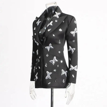 Sexy Socialite Style Blazer Dress 2025 Spring Autumn New Women's Turn-Down Collar Long Sleeve Sequin Diamond Jacket  HK8313
