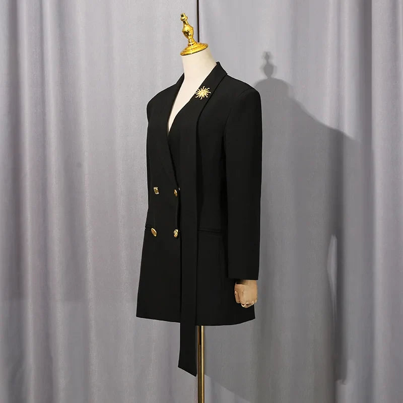 Women Chic Blazer Double Breasted Metal Button Decoration Elegant Trend Coat Office Lady High-End Jacket New Spring HK19942