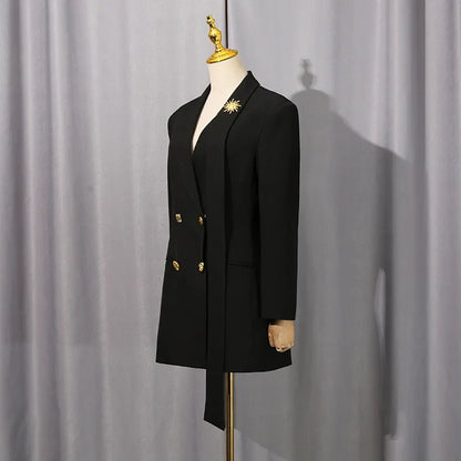 Women Chic Blazer Double Breasted Metal Button Decoration Elegant Trend Coat Office Lady High-End Jacket New Spring HK19942