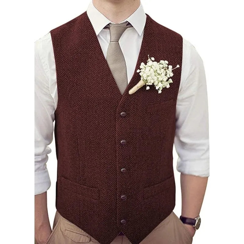 Men's Vest Herringbone V-Neck Single Button Waistcoat for Wedding, Business & Casual Wear