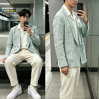 Summer Cotton Linen Blend Men Blazer Double Breasted Casual Suit Jacket Lightweight Soft Elegant Dress Coat For Prom Work Party