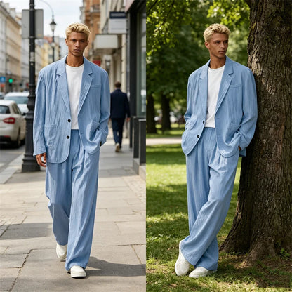 Men's Linen Blend Wrinkled Two Piece Suit Loose Two Button Blazer Wide Leg Trousers Casual Vacation Daily Soft Breathable Outfit