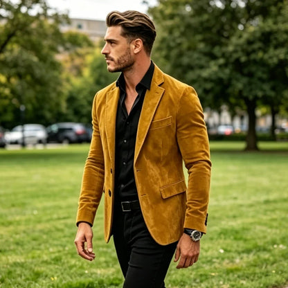 Luxury Men's Suede Texture Blazer Notched Lapel Slim Fit 2 Button Sport Coat Business Casual Formal Wedding Party Suit Jacket