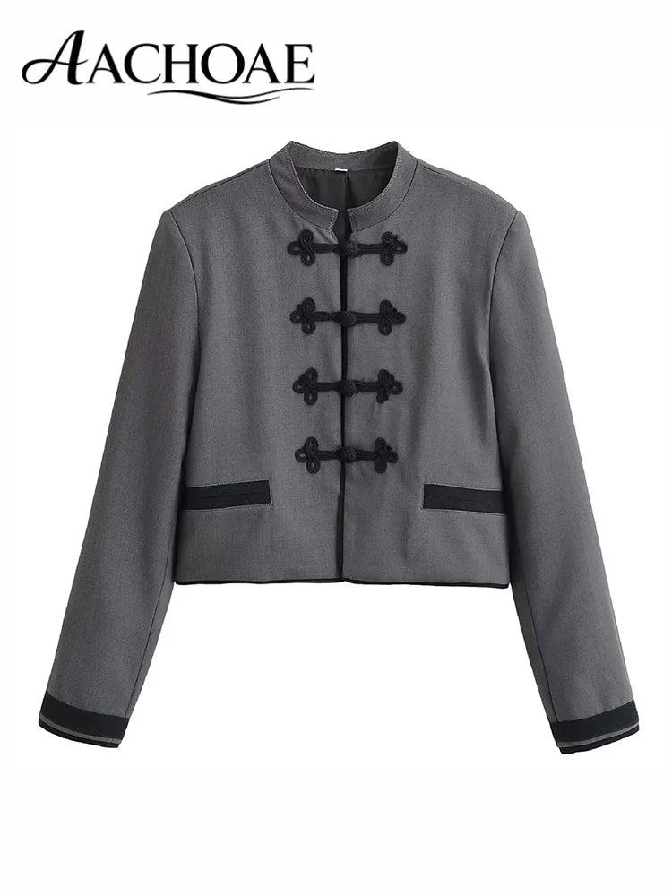 Women Cropped Blazer Chinese Frog Button Jacket Vintage Oriental Short Coat Office Lady Structured Jacket