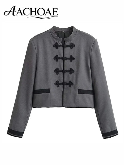 Women Cropped Blazer Chinese Frog Button Jacket Vintage Oriental Short Coat Office Lady Structured Jacket