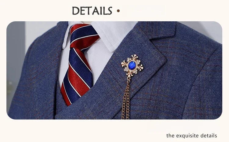 Boys Formal Wedding Birthday Prom Suit Set With Jacket Vest Pants Tie Brooch Children's Piano Host Speech Performance Costume