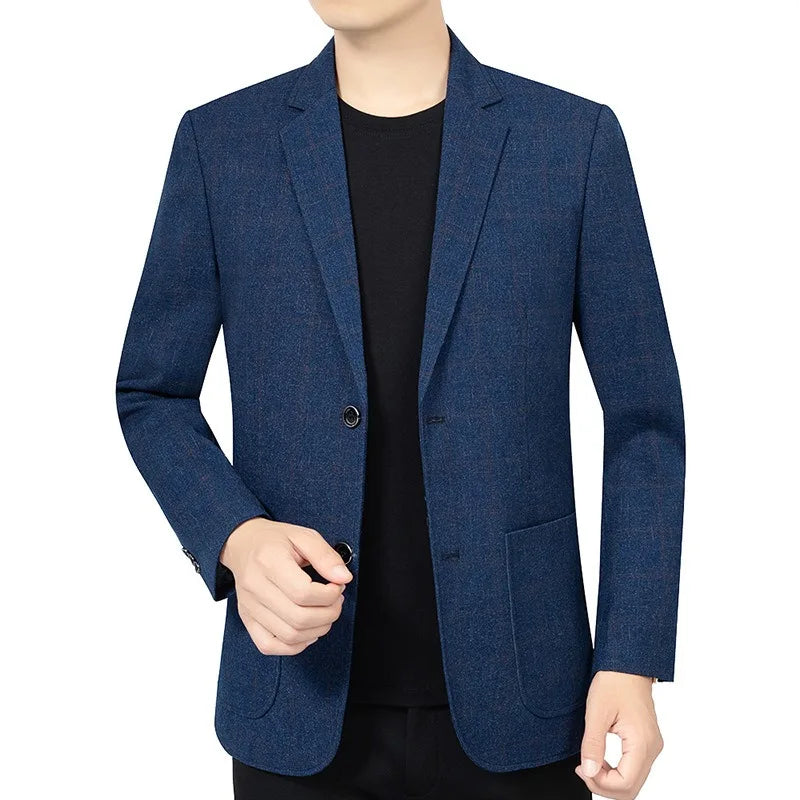 KIDWHXR Spring Autumn Men Suit Coat Fashion Plaid Turn Down Collar Man Blazer Non-ironing Business Casual Mlae Slim Jacket
