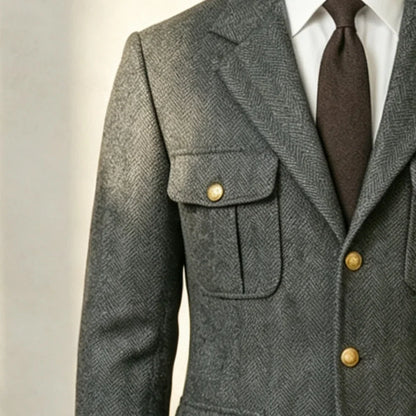 Mens Grey Herringbone Woollen Safari Suit Jacket 1 Piece Single Breasted Wedding Blazer Prom Banquet Formal Gentleman Outerwear
