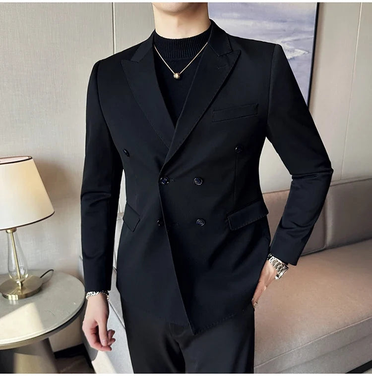Autumn High-quality Double Breasted Slim Fit Suit Jacket Men Versatile Casual Business Blazer Wedding Social Banquet Formal Coat
