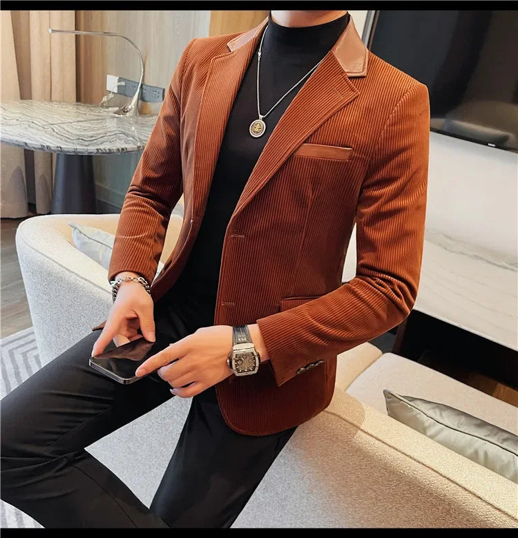 Autumn Winter Corduroy Suit Coat For Men Korean Elegant Slim Fit Business Formal Dress Coats Groom Wedding Tuxedo Suit Jacket