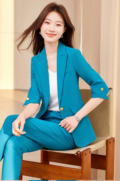 Fashionable professional women's wear, mid-sleeve suit jacket + pant. Exquisite elegant, new style for spring summer 2026