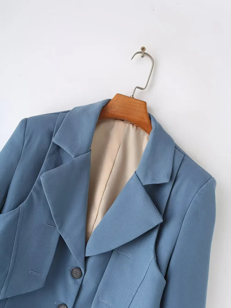 Women's Blue Blazer Jacket Vintage Office Ladies Long Sleeve Single Breasted Cropped Outerwear Suit Coat Y2k 2000s Spring Autumn