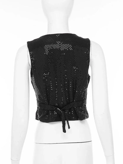 Womens Sleeveless Vests Nightclub Party Tops Sequined Waistcoat Clubwear Music Festival Vest 60s Disco Rave Jazz Dance Cosutme