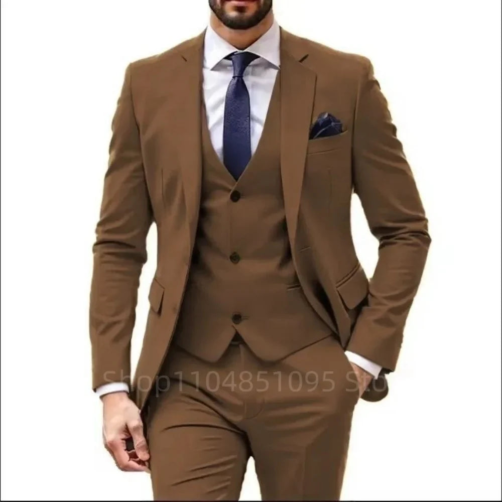 Elegant Brown 3 Piece Men's Wedding Suit with Jacket Pants Vest - Single Breasted Notch Lapel Business Blazer Male Clothing