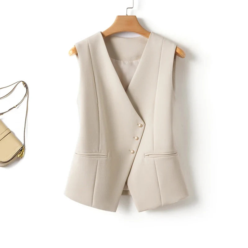 Short V-Neck Suit Vest for Women, Spring and Autumn Slant-Buttoned Top, Perfect for Office Wear and Versatile Vest
