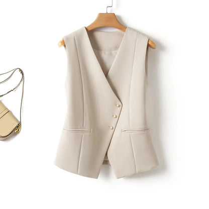 Short V-Neck Suit Vest for Women, Spring and Autumn Slant-Buttoned Top, Perfect for Office Wear and Versatile Vest