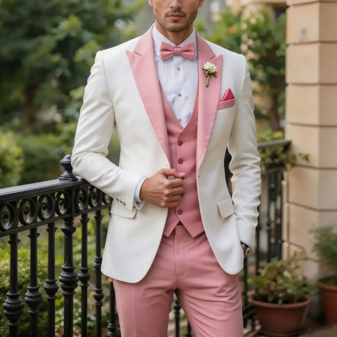 Men Suit Cream 3 Pieces Single Button With Lapel For Wedding Birthday Banquet Party Business Work Office Jacket Vest Pants