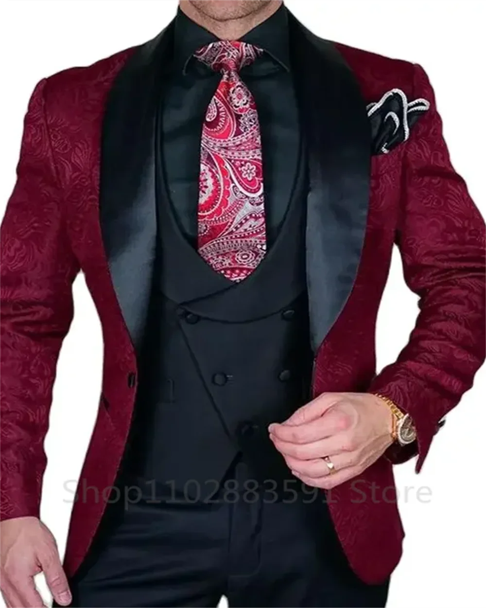 3 Pièces Noir Jacquard Mariage Fête Tuxedo Pour Marié Revers Châle Slim Fit Costumes Homme Gilet Pantalon