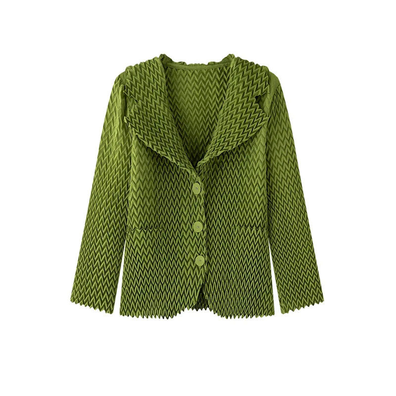 Pleats Original High-end Simple Solid Wave Pleated Small Suit Casual Versatile Long-sleeved Short Jacket Female Spring